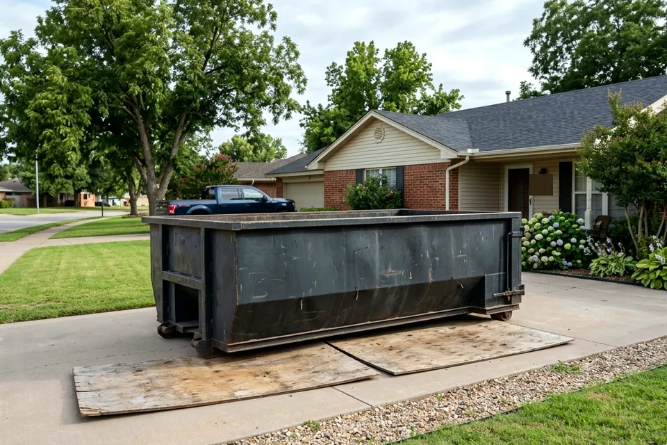 15 yard dumpster rental in Lawton OK outside a two-car residential garage