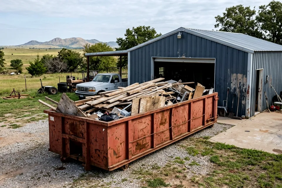 Commercial roll off dumpster placed behind a Lawton OK business property