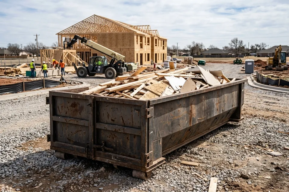 Construction roll off dumpster on an active job site in Lawton OK