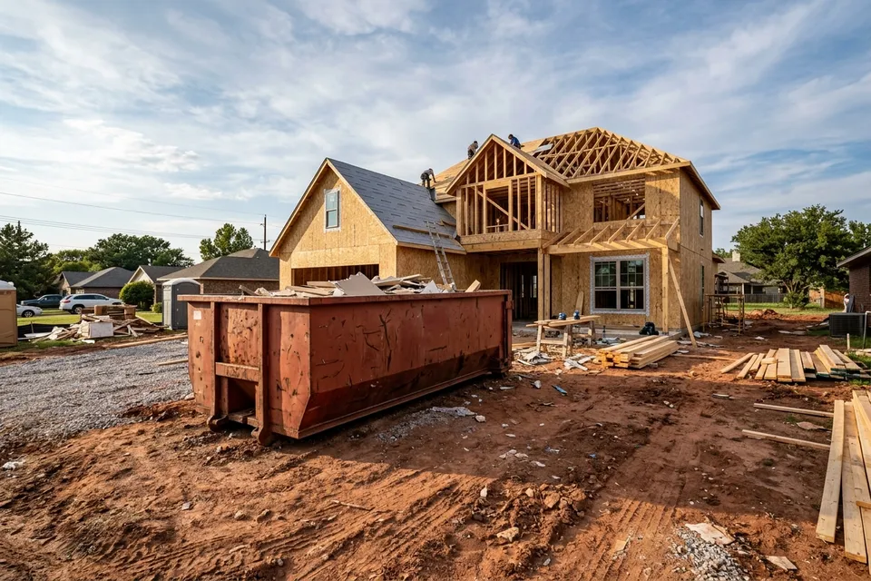 30 yard roll off dumpster at a Lawton OK job site beside a framed house under construction