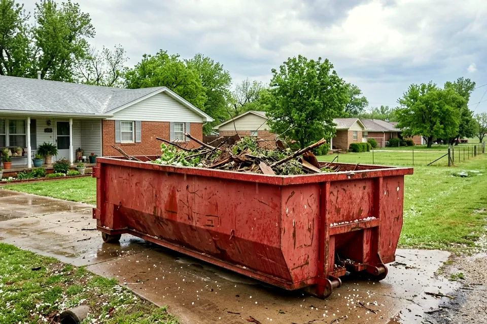 Dumpster rental in Geronimo OK parked on a residential lot south of Lawton off I-44
