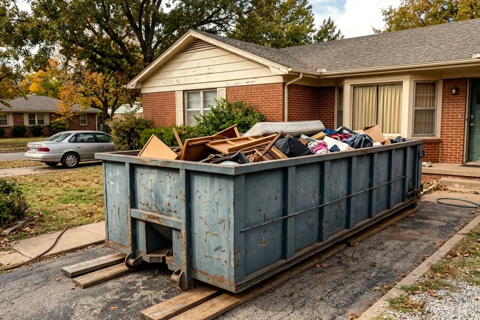 Dumpster rental in Lawton Heights parked on the driveway of a mid-century home