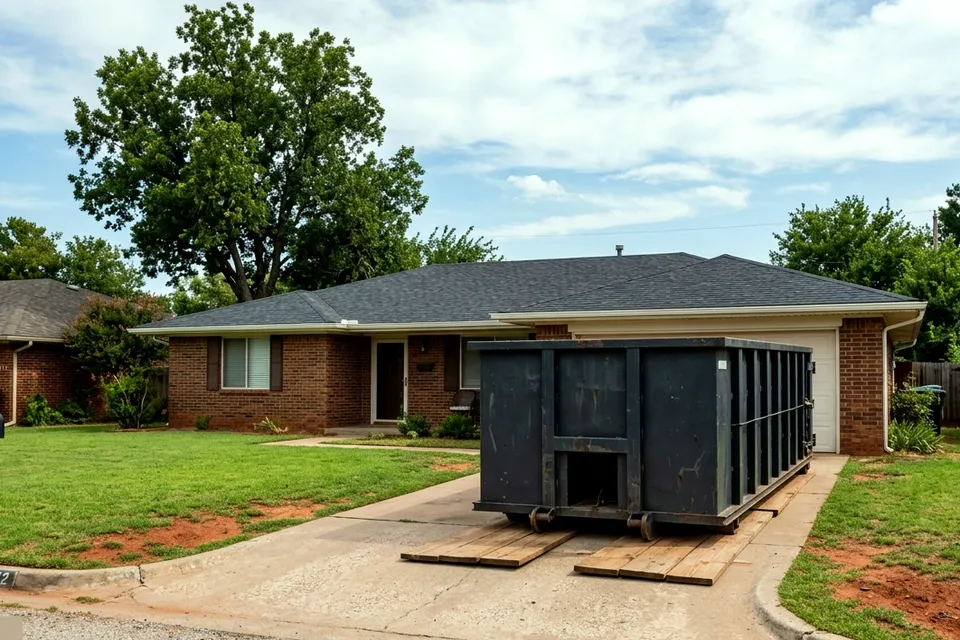 Dumpster rental in Pecan Grove Lawton OK beneath mature pecan trees
