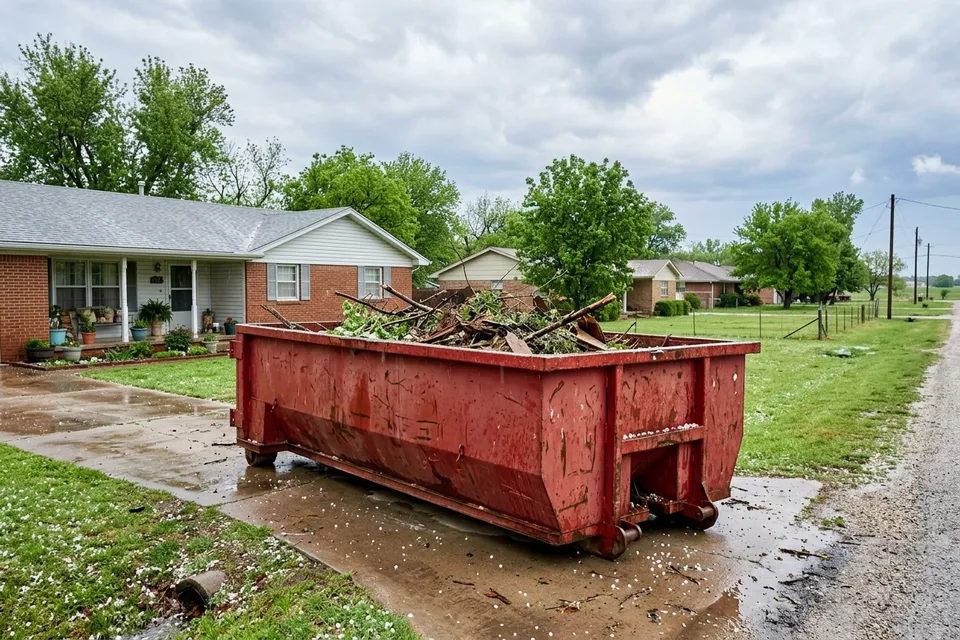 Dumpster rental in Sterling OK loaded with storm debris after spring hail