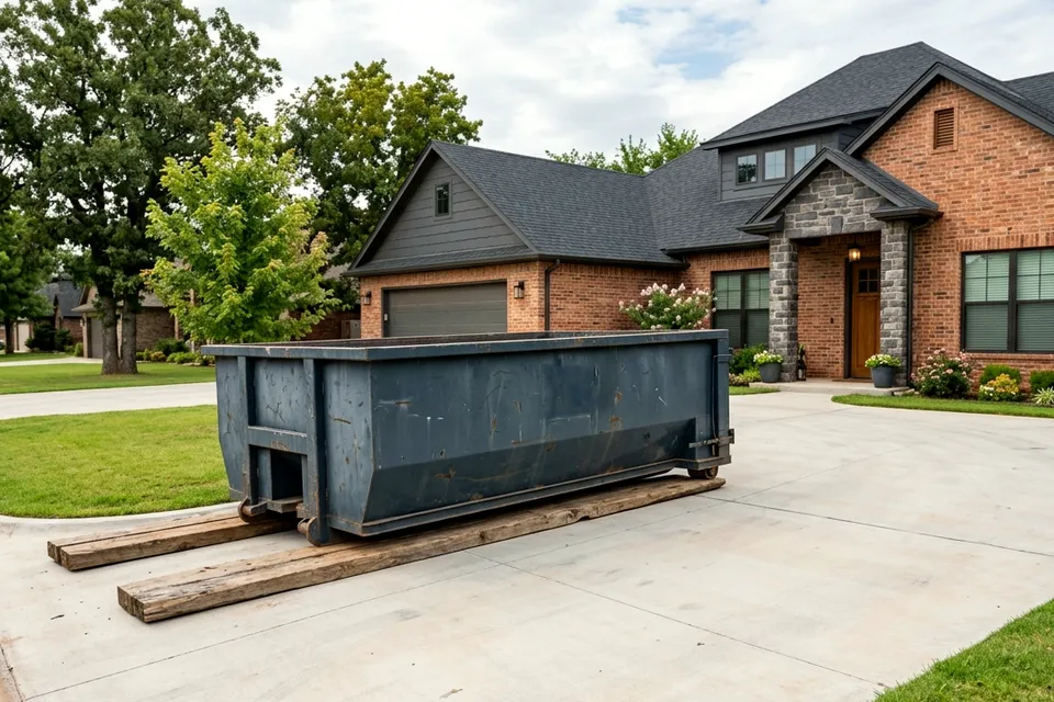 Dumpster rental in Wyatt Acres northwest Lawton OK on wooden driveway boards