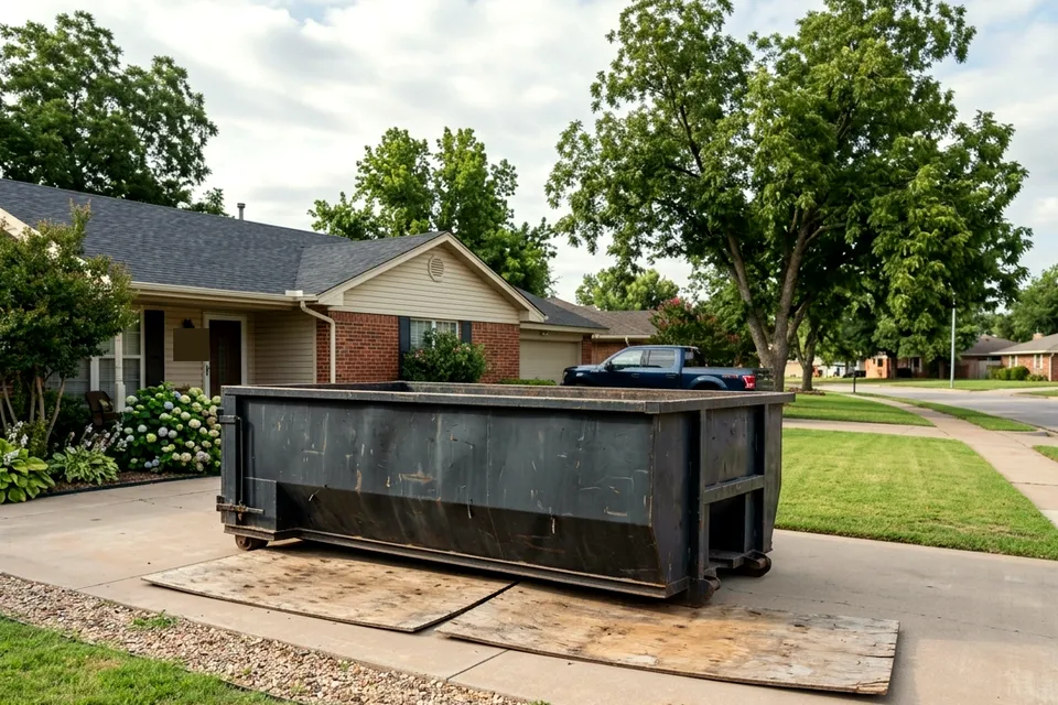 Roll off dumpster on a driveway in a new Elgin OK subdivision during a move out