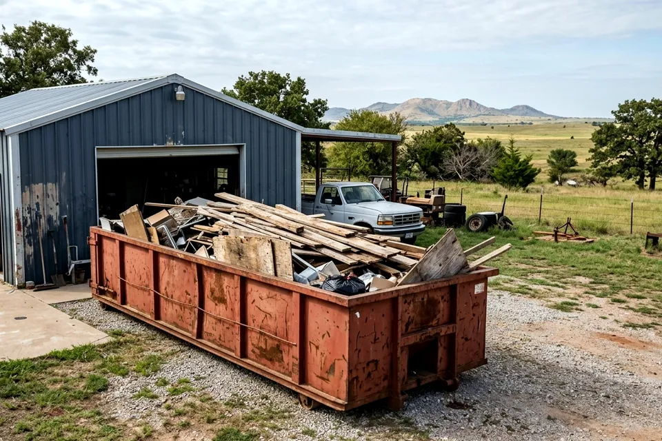 Roll off dumpster set beside a mobile home and carport in Geronimo OK