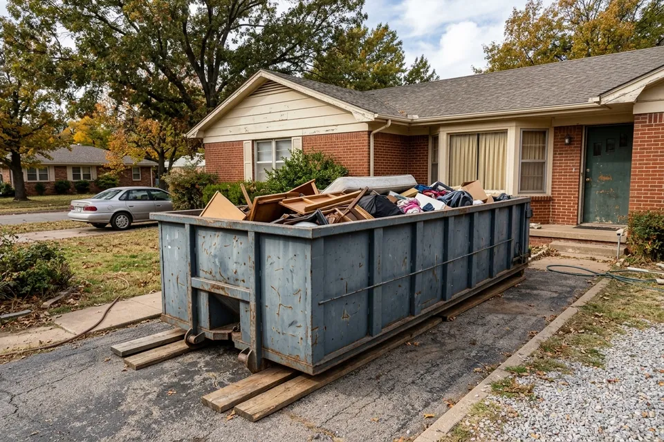 20 yard roll off dumpster in the driveway of an older home in Lawton Heights