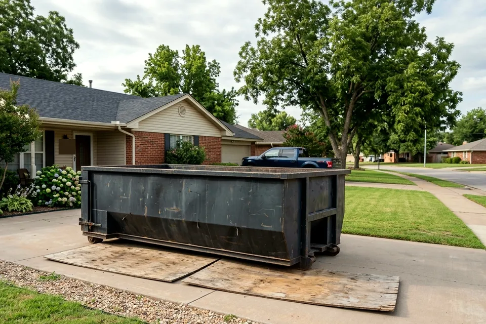 15 yard roll off dumpster in a driveway in Pecan Grove Lawton OK