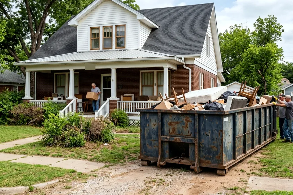 Roll off dumpster outside a Lawton OK rental property for tenant turnover cleanout