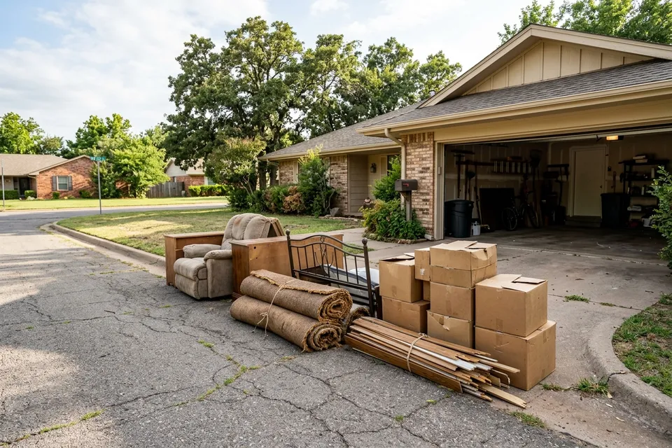 Before photo of household cleanout furniture, carpet rolls and boxes stacked by a Lawton driveway