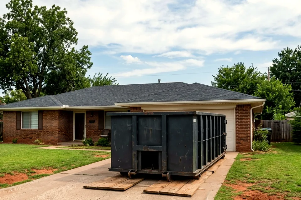 Roofing dumpster rental in Lawton OK parked beside the eaves of a 1970s ranch home