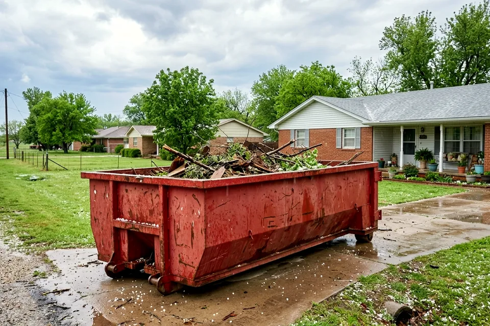 20 yard storm debris dumpster in Lawton OK loaded with tree limbs and fence panels
